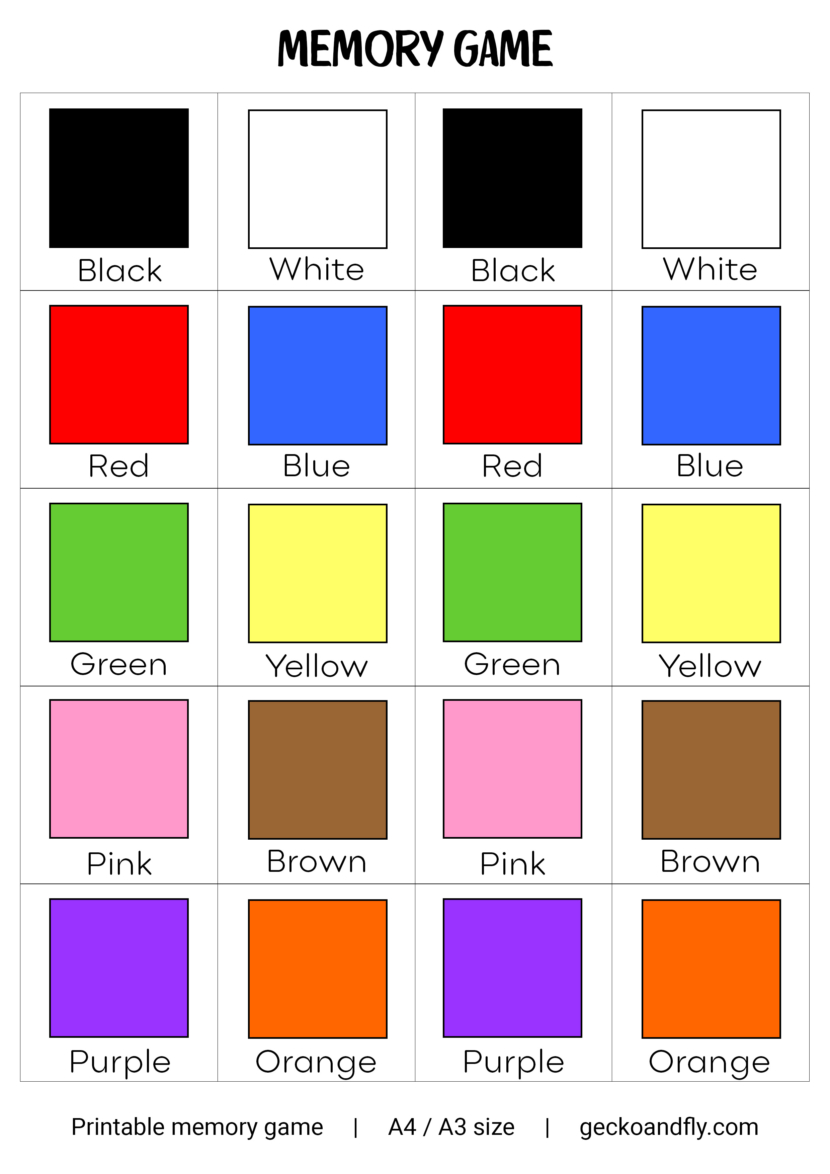 Printable memory game template on colours