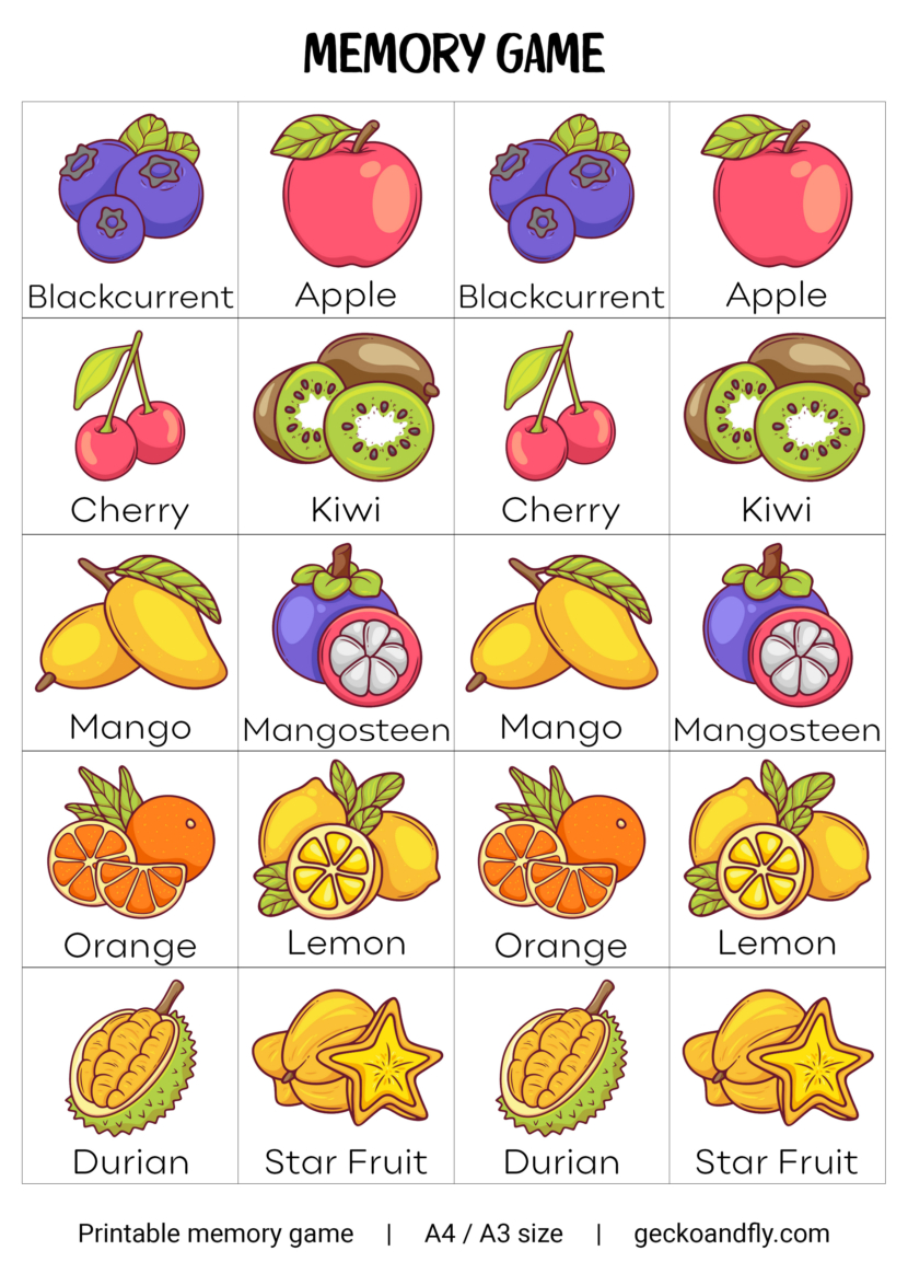 Printable memory game template on fruits