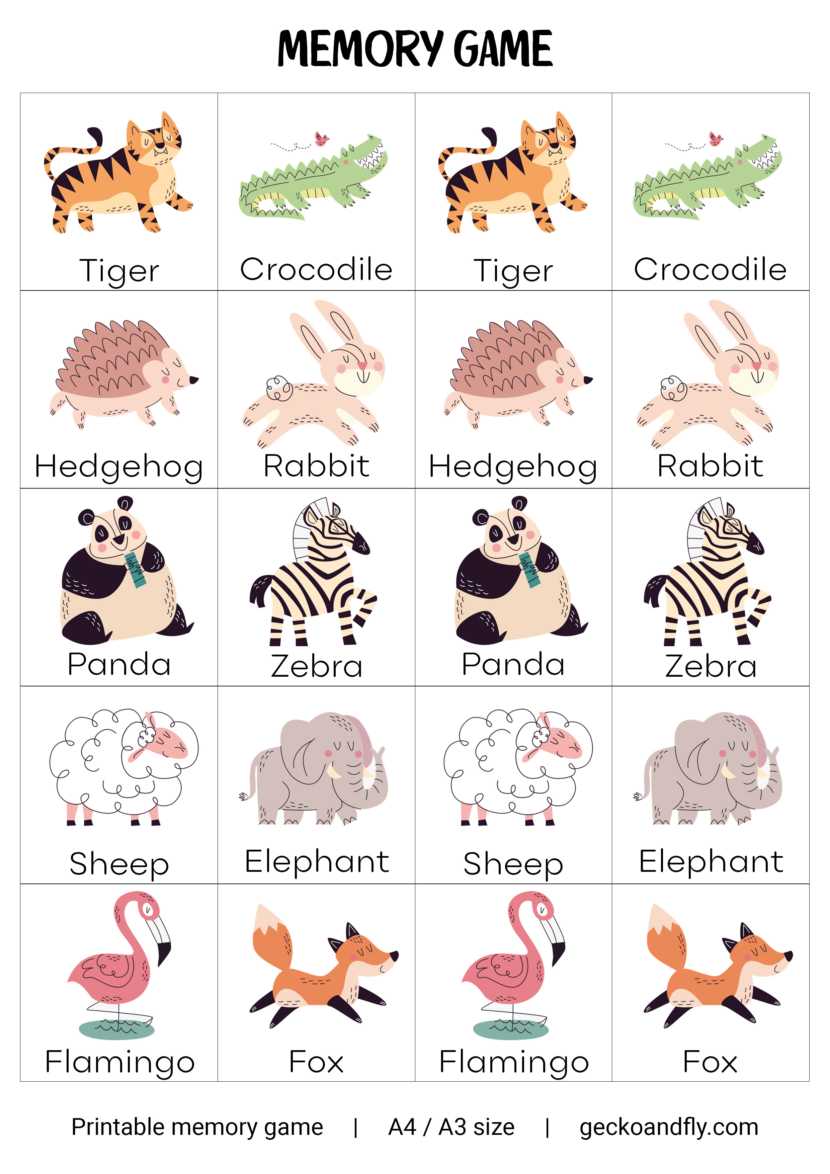 Printable memory game template on animals