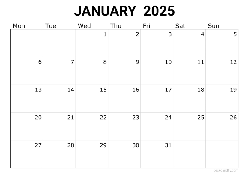 a free simple January 2025 monthly calendar in printable a4 and a3 format