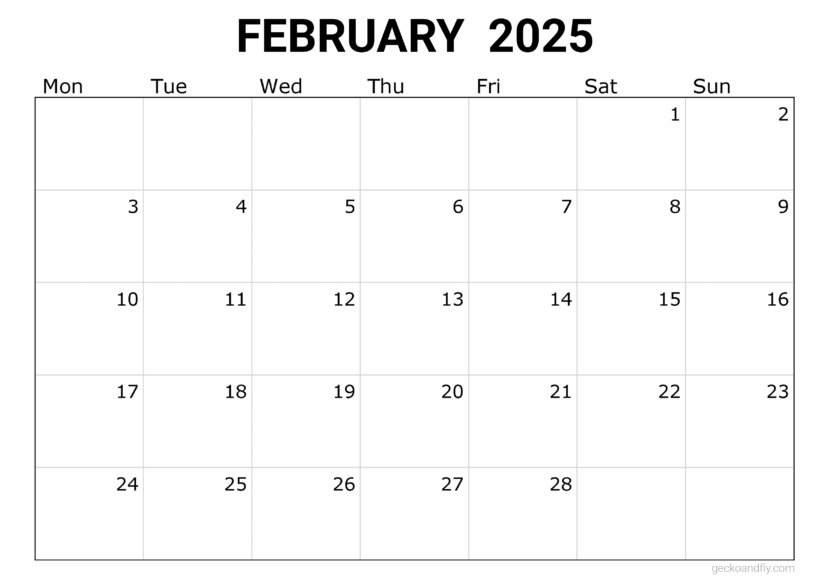 a free simple February 2025 monthly calendar in printable a4 and a3 format