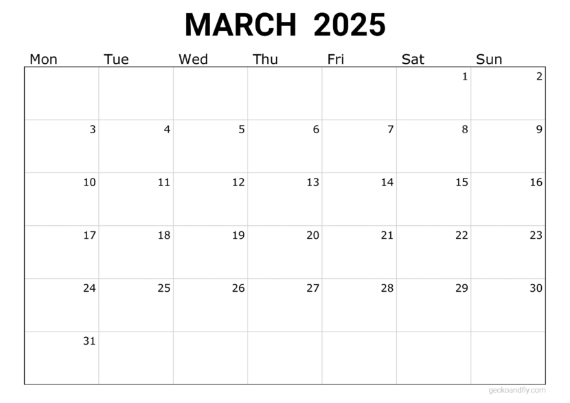 a free simple March 2025 monthly calendar in printable a4 and a3 format