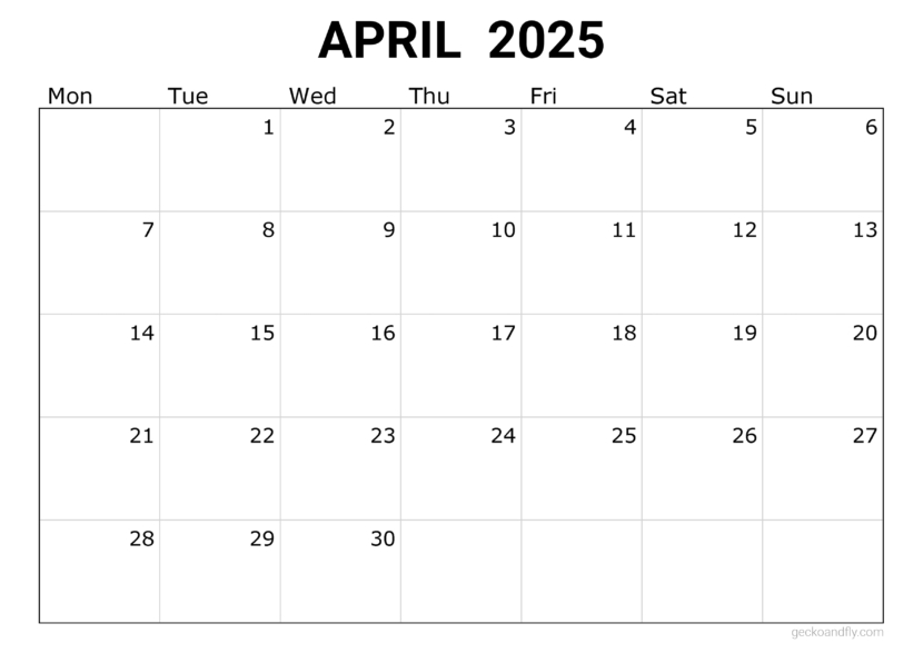 a free simple April 2025 monthly calendar in printable a4 and a3 format