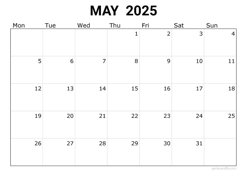 a free simple May 2025 monthly calendar in printable a4 and a3 format