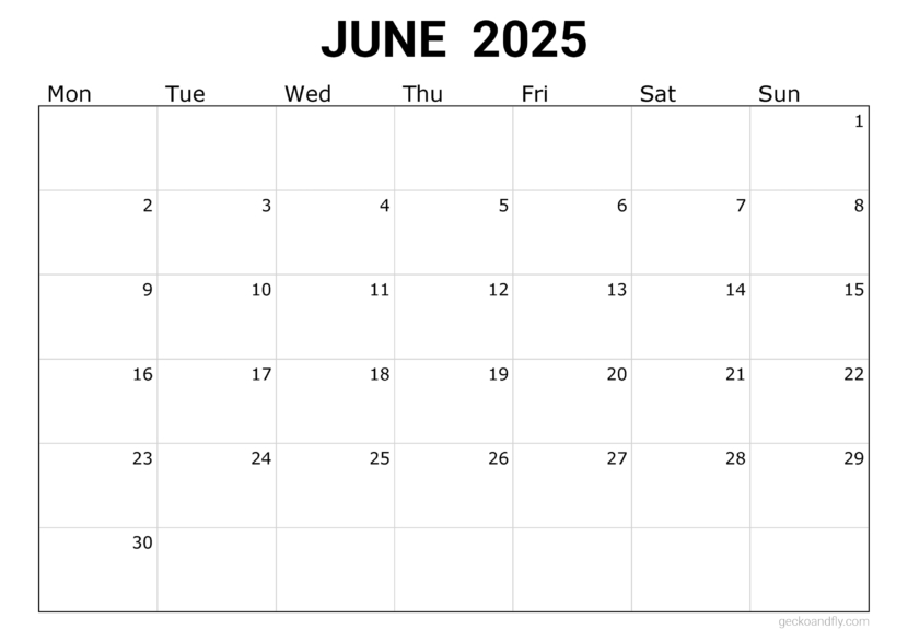 a free simple June 2025 monthly calendar in printable a4 and a3 format