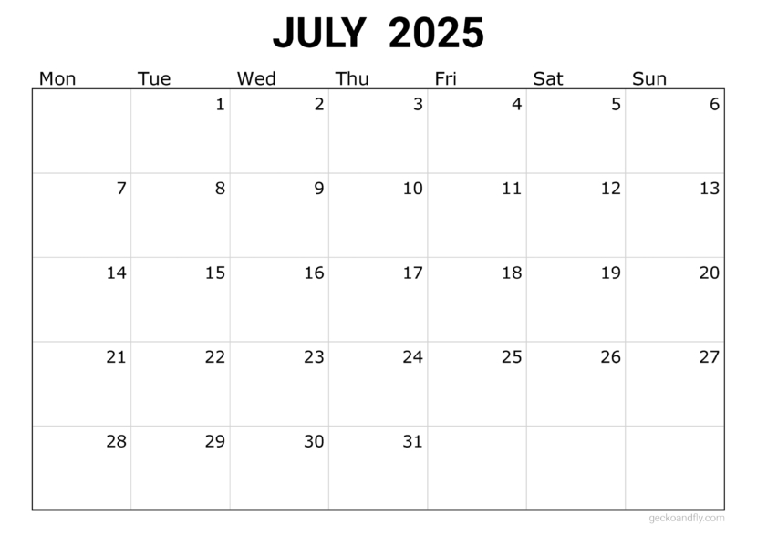 a free simple July 2025 monthly calendar in printable a4 and a3 format