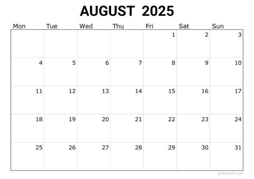 a free simple August 2025 monthly calendar in printable a4 and a3 format