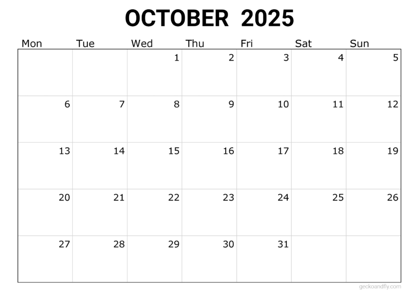 a free simple October 2025 monthly calendar in printable a4 and a3 format