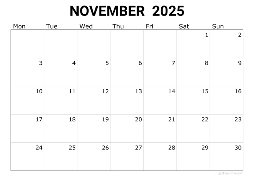 a free simple November 2025 monthly calendar in printable a4 and a3 format
