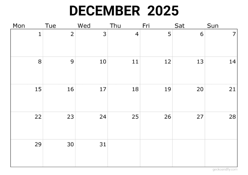a free simple December 2025 monthly calendar in printable a4 and a3 format