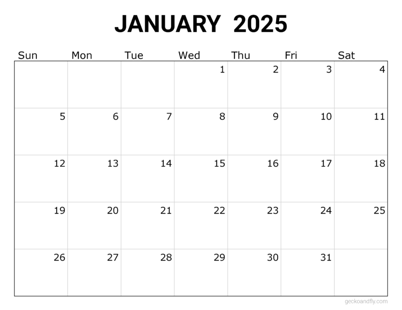 a free simple January 2025 monthly calendar in printable letter format