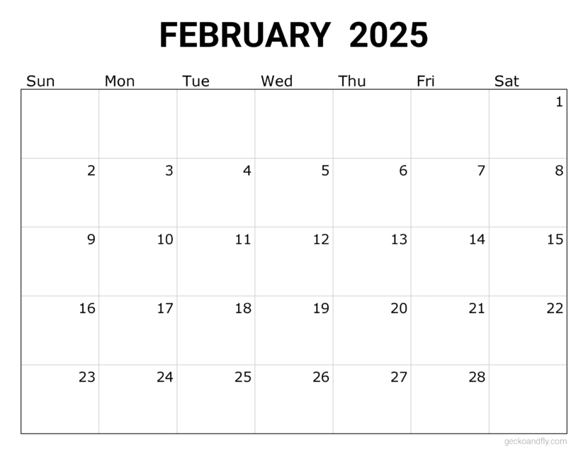 a free simple February 2025 monthly calendar in printable letter format