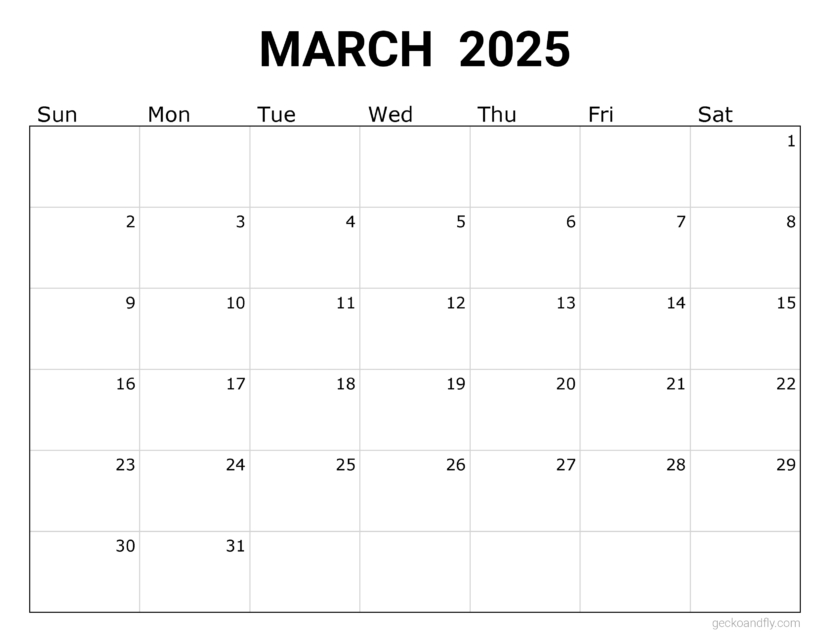 a free simple March 2025 monthly calendar in printable letter format