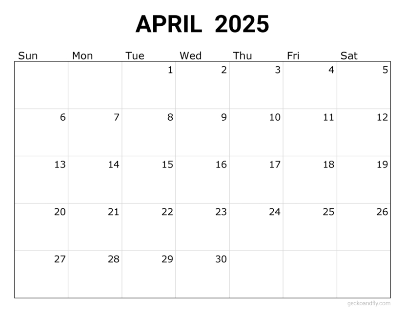a free simple April 2025 monthly calendar in printable letter format