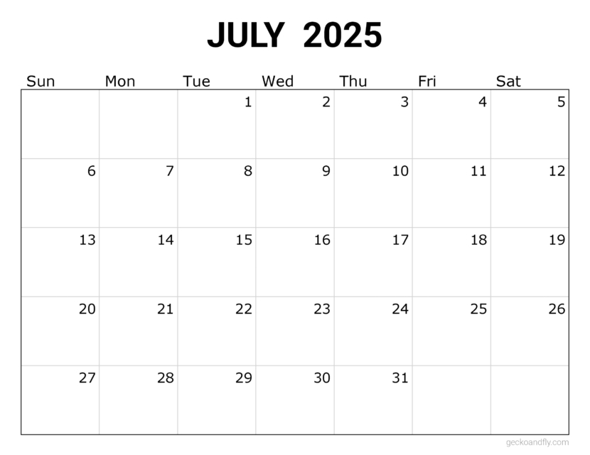 a free simple July 2025 monthly calendar in printable letter format