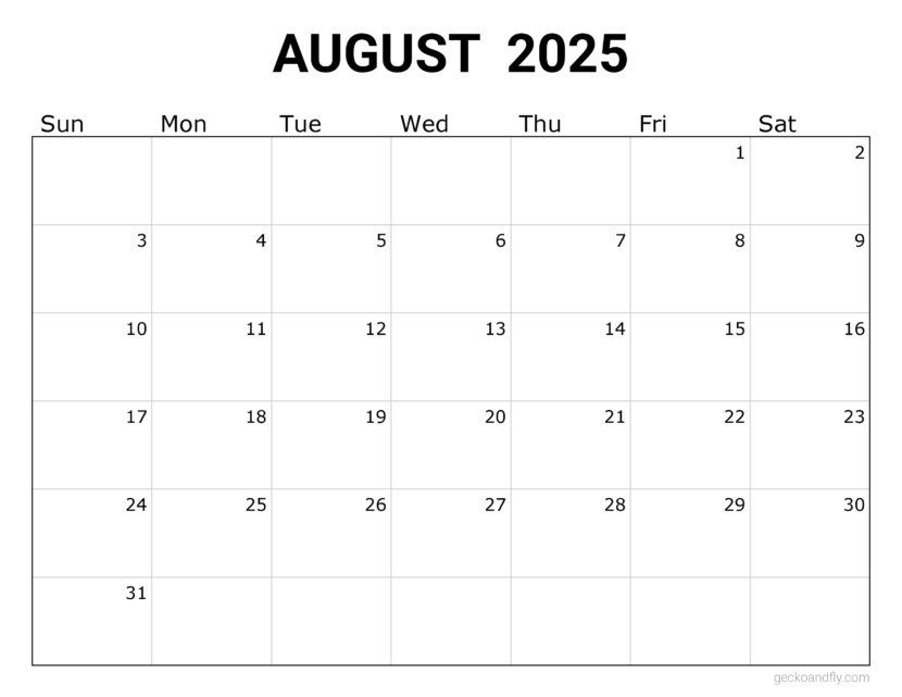 a free simple August 2025 monthly calendar in printable letter format