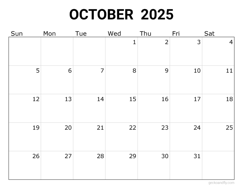 a free simple October 2025 monthly calendar in printable letter format