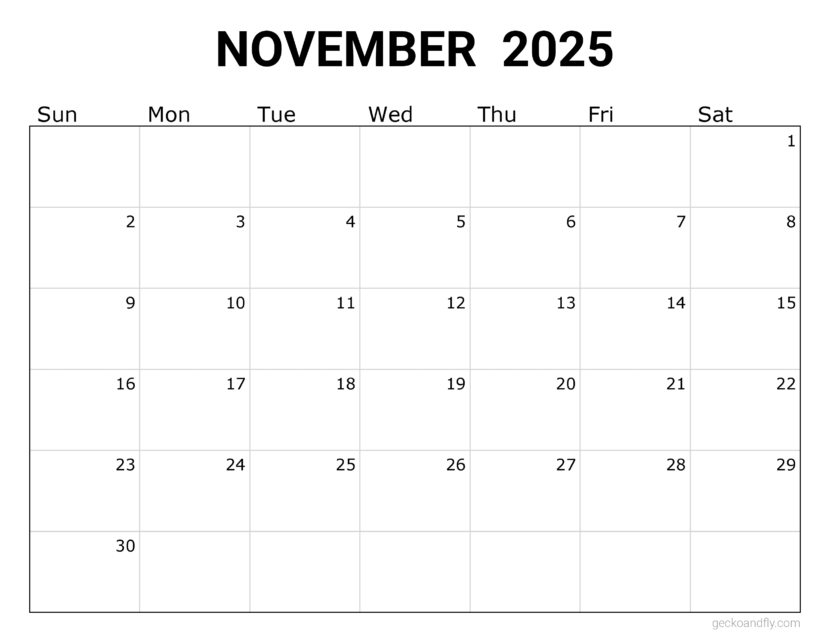 a free simple November 2025 monthly calendar in printable letter format