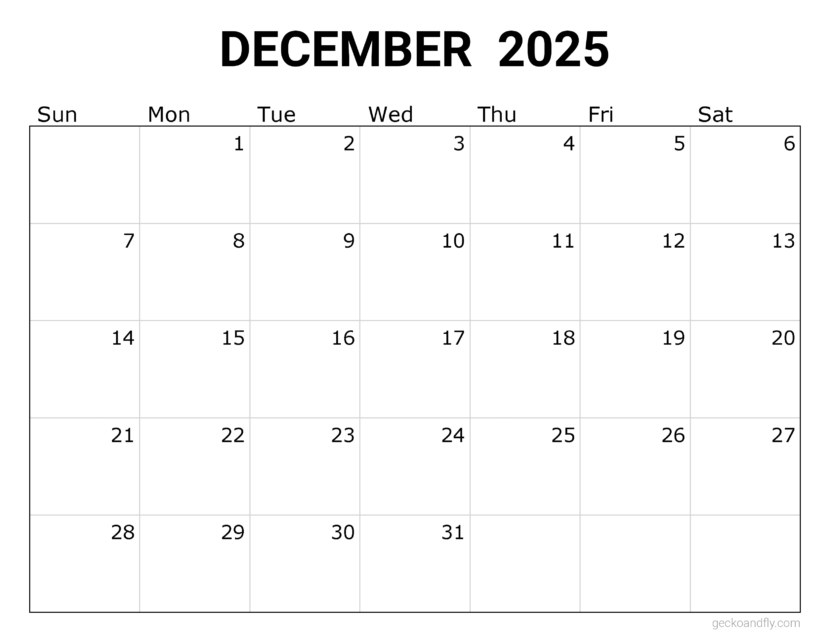 a free simple December 2025 monthly calendar in printable letter format