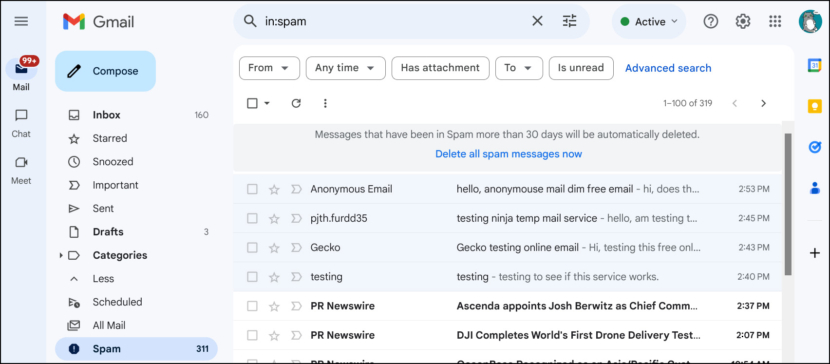 screen shot of emails received